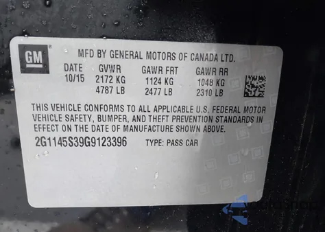 2016 Chevrolet Impala 2Lz из США, поврежденный, VIN 2G1145S39G9123396